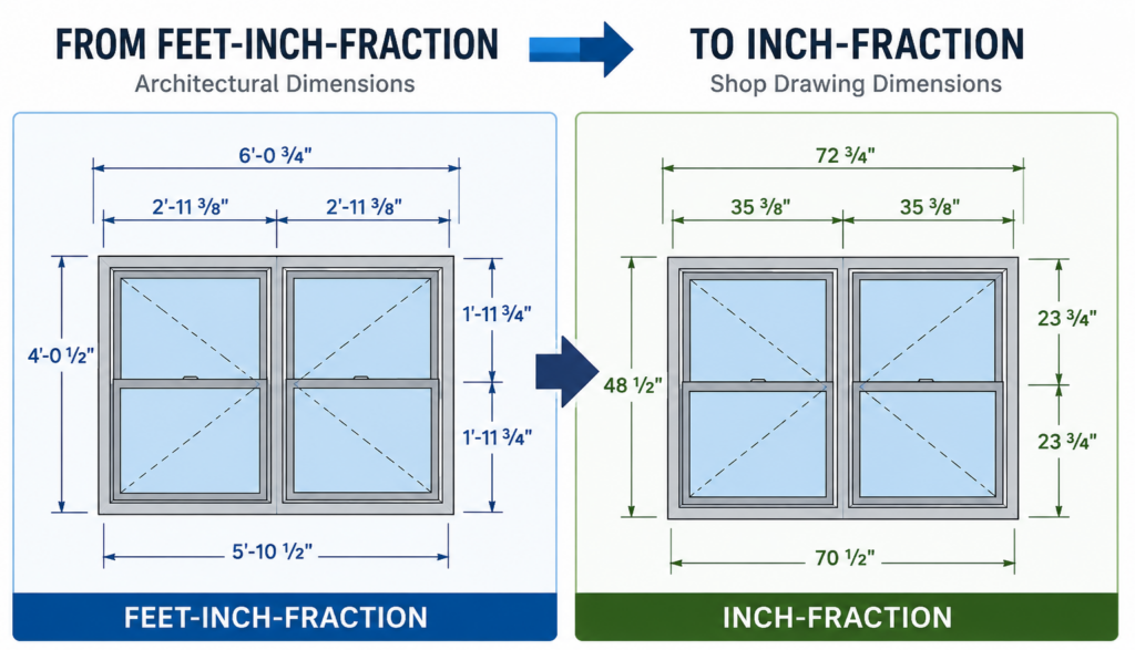 Feet-Inch-Fraction to Inch-Fraction Dimensions