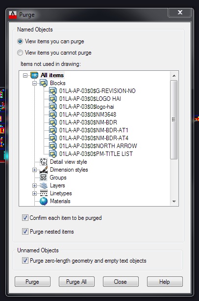 Purge dialog box with suspicious blocks
