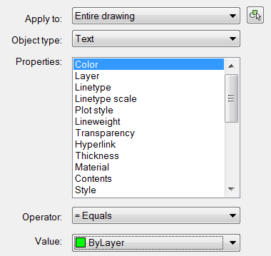 Properties options for text object type