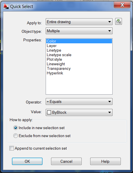 Quick Select box in AutoCAD
