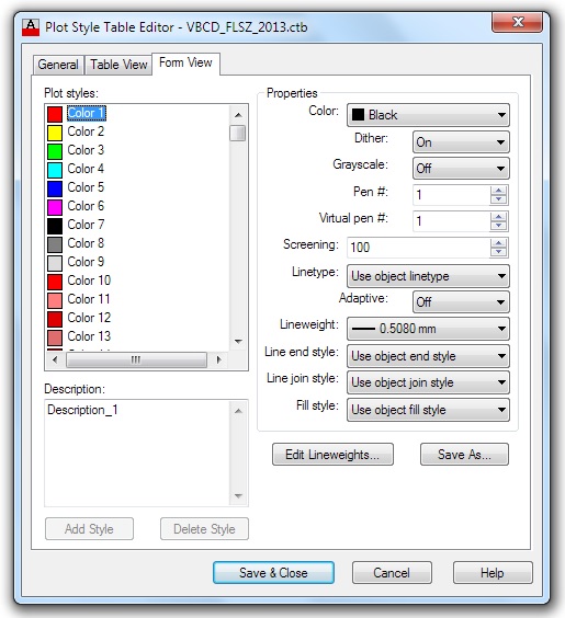 The Plot Style editor dialog box, using the Form view.